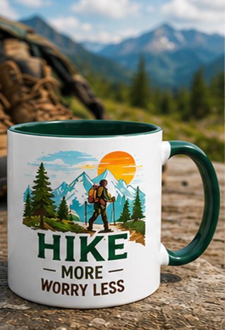 Hiking custom colourful graphic mug — dark green